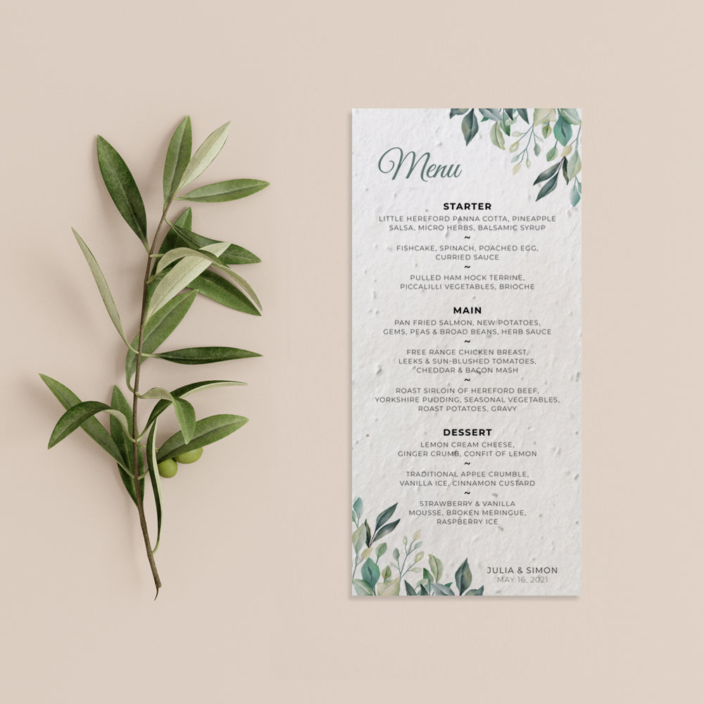 Flat lay Seed Paper Menu Greenery